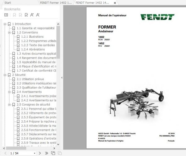 FENDT Former 1402 1452 Rotary Rake FR EN DE ES Operators Manual 3