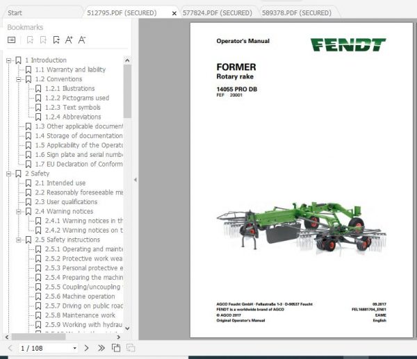 FENDT Former 14055 PRO DB Rotary Rake FR EN DE ES Operators Manual 2