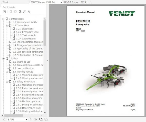 FENDT Former 1502 Rotary Rake FR EN DE ES Operators Manual 1