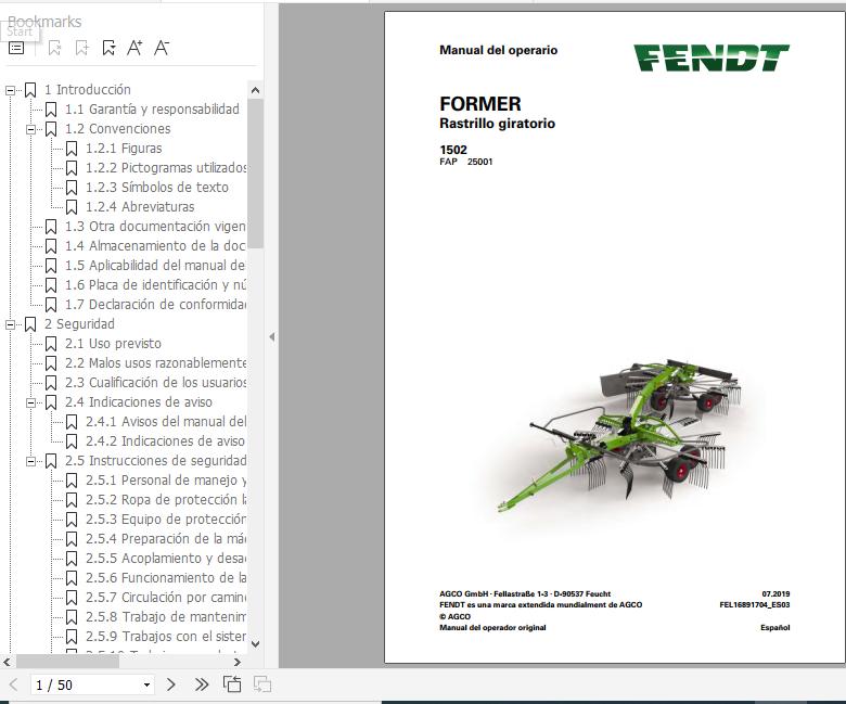 FENDT Former 1502 Rotary Rake FR EN DE ES Operators Manual 3
