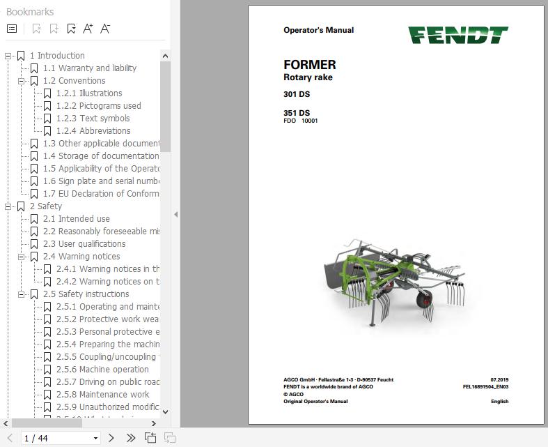 FENDT Former 301DS 351DS Rotary Rake FR EN DE ES Operators Manual 1