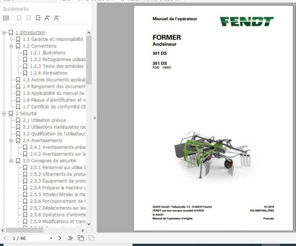 FENDT Former 301DS 351DS Rotary Rake FR EN DE ES Operators Manual 3