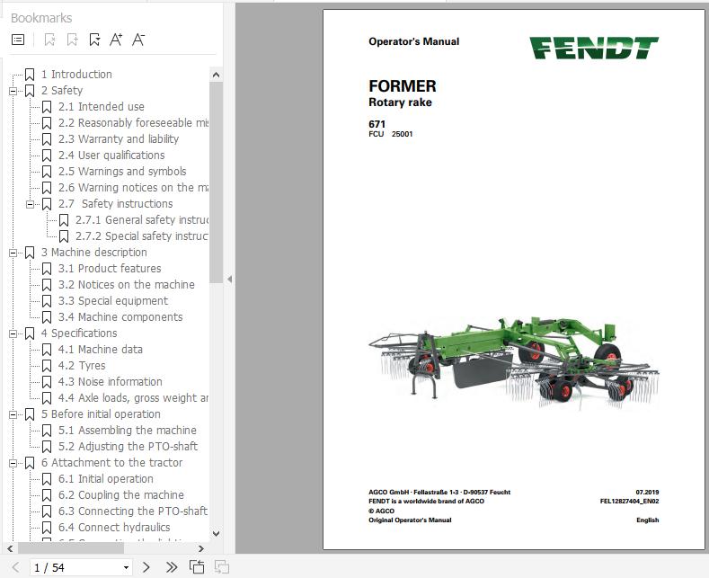 FENDT Former 671 Rotary Rake FR EN DE ES Operators Manual 1