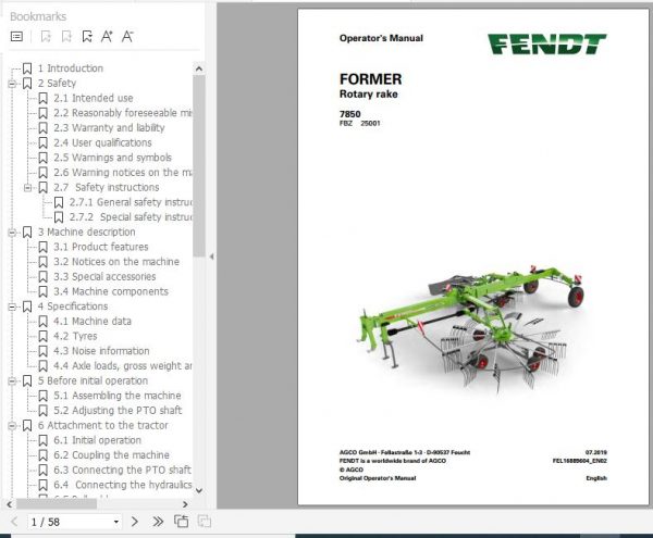FENDT Former 7850 Rotary Rake FR EN DE ES Operators Manual 1