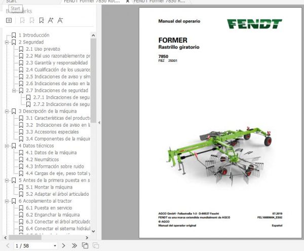 FENDT Former 7850 Rotary Rake FR EN DE ES Operators Manual 3