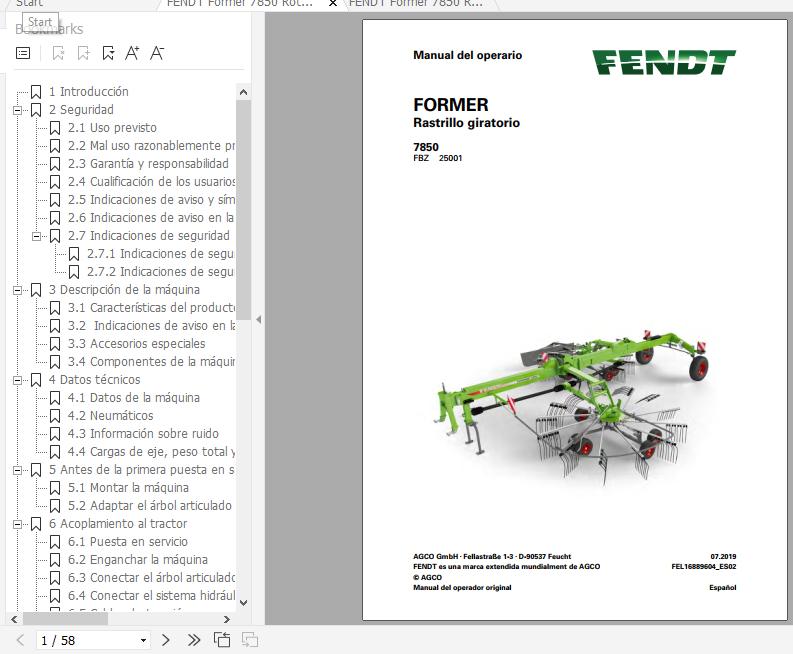 FENDT Former 7850 Rotary Rake FR EN DE ES Operators Manual 3