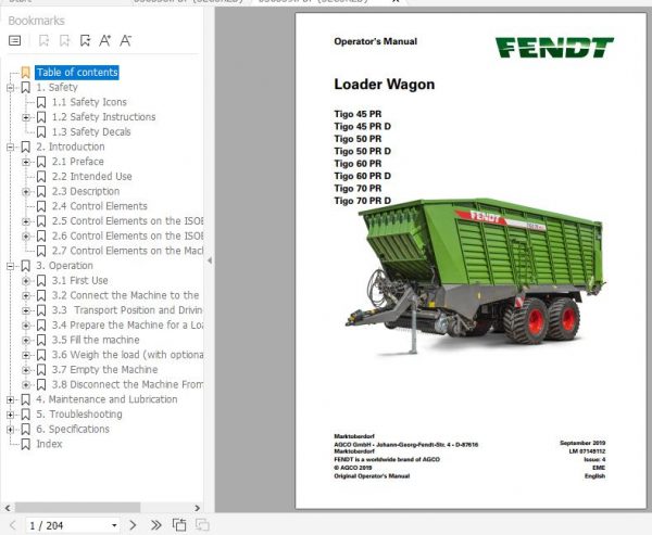 FENDT Loader Wagon Tigo PR Series FR EN DE ES Operators Manual 1