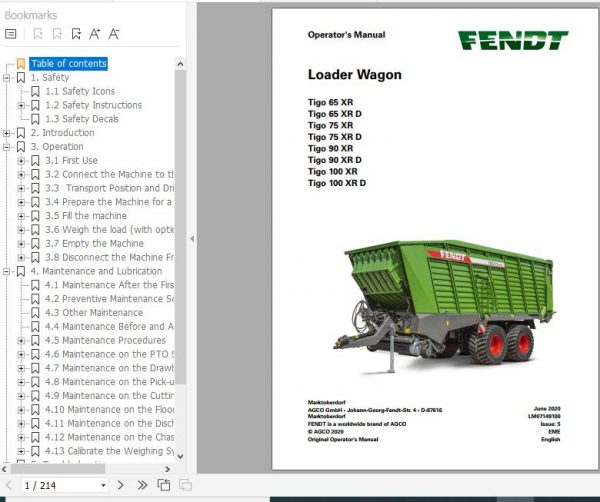FENDT Loader Wagon Tigo XR Series FR EN DE ES Operators Manual 1