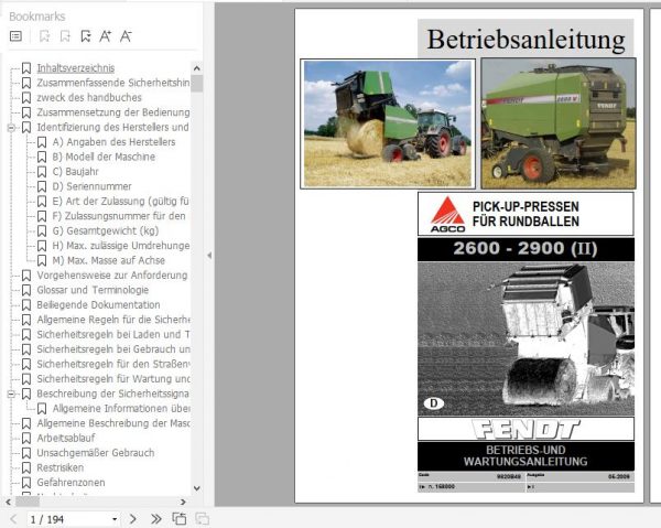 FENDT Pick Up Pressen RBP 2600 2900 Series II DE Operators Workshop Manuals 2