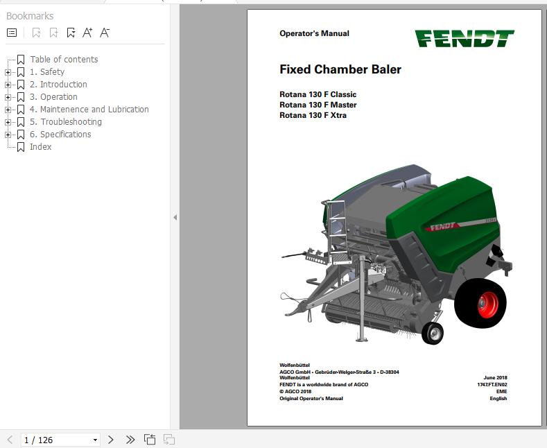 FENDT Rotana 130F Classic Master Xtra Fixed Chamber Baler FR EN ES Operators Manual 1