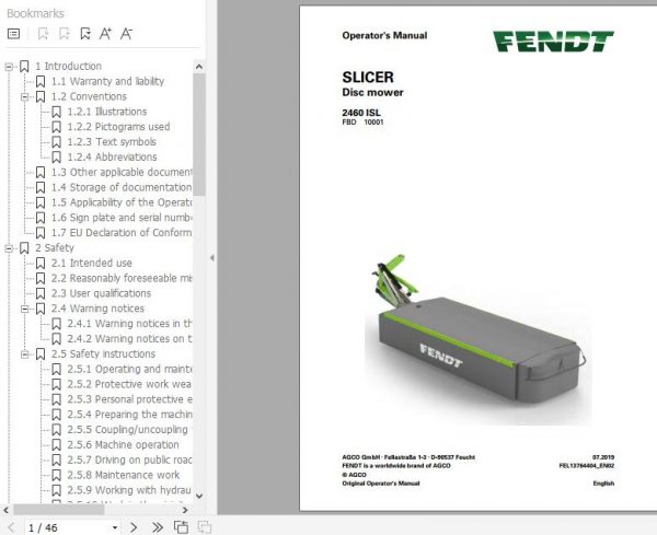 FENDT Slicer 2460 ISL Disc mower FR EN DE ES Operators Manual 1