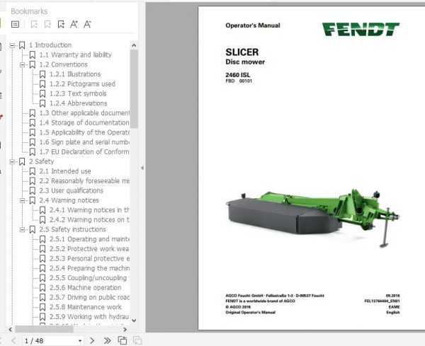 FENDT Slicer 2460 ISL Disc mower FR EN DE ES Operators Manual 2