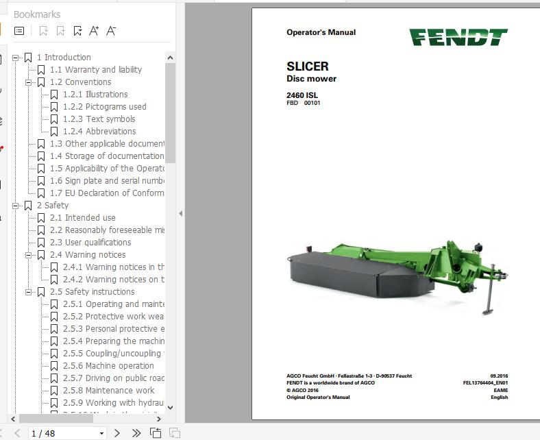 FENDT Slicer 2460 ISL Disc mower FR EN DE ES Operators Manual 2