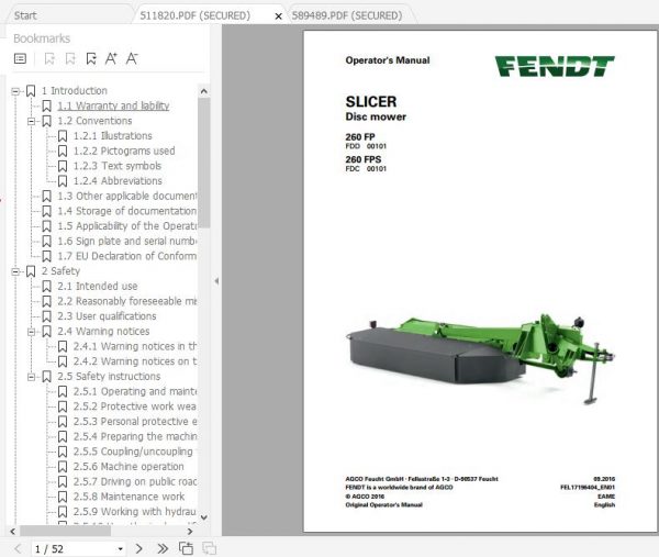 FENDT Slicer 260 FP 260 FPS Disc mower FR EN DE ES Operators Manual 2