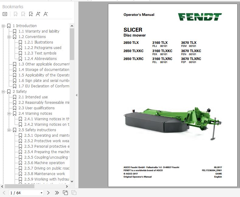 FENDT Slicer 2650 3160 3670 TLX TLXKC TLXRC Disc mower FR EN DE ES Operators Manual 1