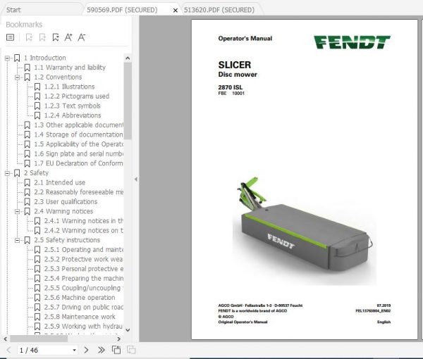FENDT Slicer 2870 ISL Disc mower FR EN DE ES Operators Manual 1