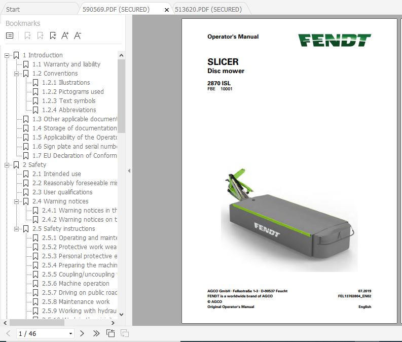 FENDT Slicer 2870 ISL Disc mower FR EN DE ES Operators Manual 1