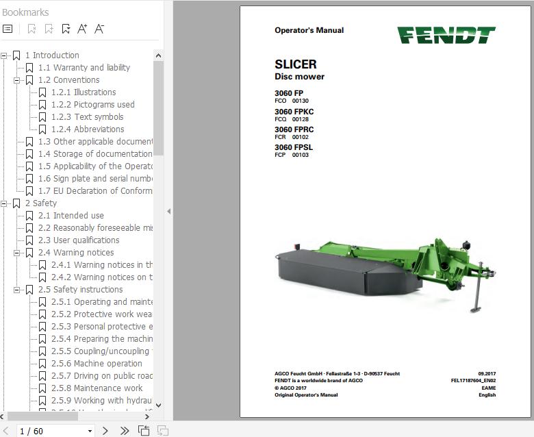 FENDT Slicer 3060 FP FPKC FPRC FPSL Disc mower FR EN DE ES Operators Manual 1