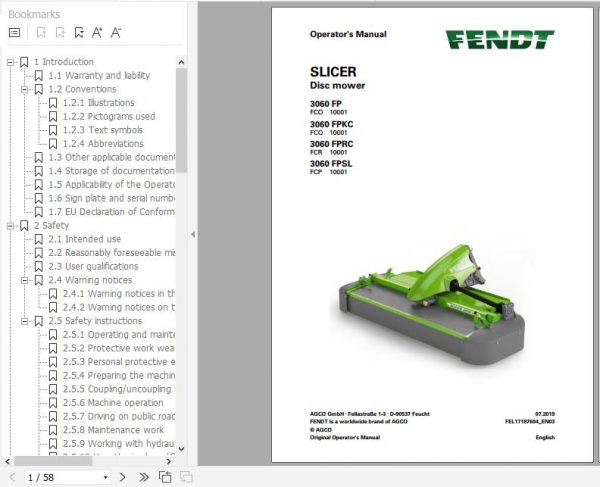 FENDT Slicer 3060 FP FPKC FPRC FPSL Disc mower FR EN DE ES Operators Manual 2