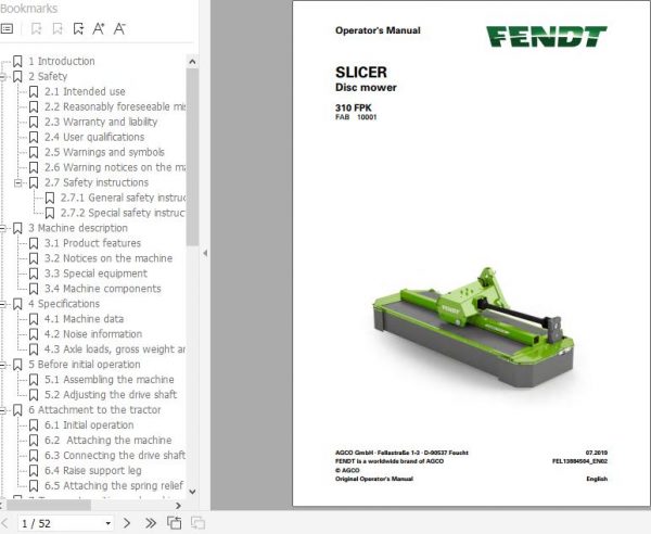 FENDT Slicer 310 FPK Disc mower FR EN DE ES Operators Manual 1