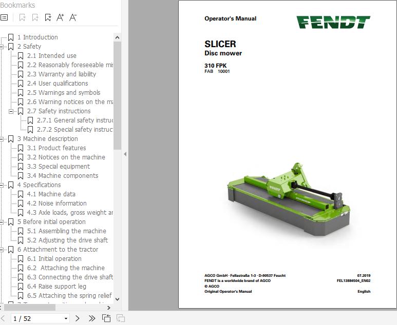 FENDT Slicer 310 FPK Disc mower FR EN DE ES Operators Manual 1