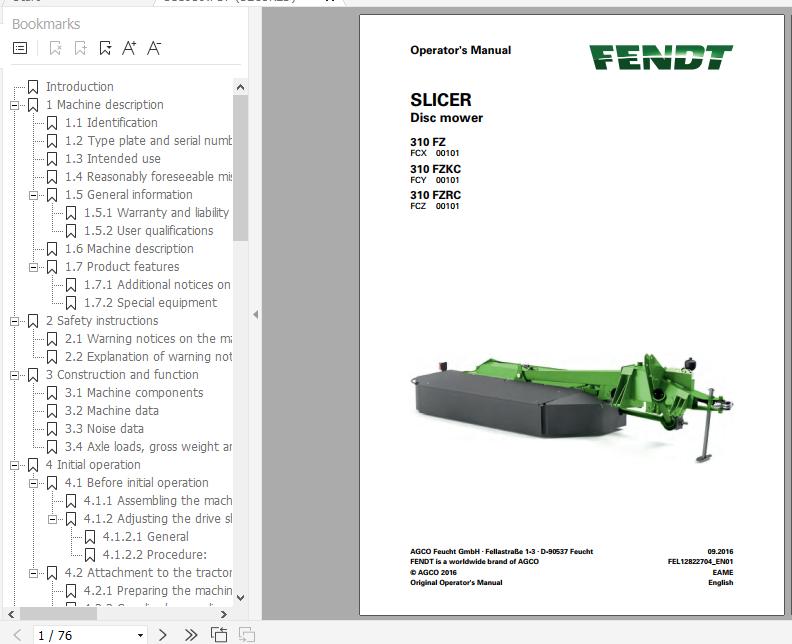 FENDT Slicer 310 FZ FZKC FZRC Disc mower FR EN DE ES Operators Manual 1