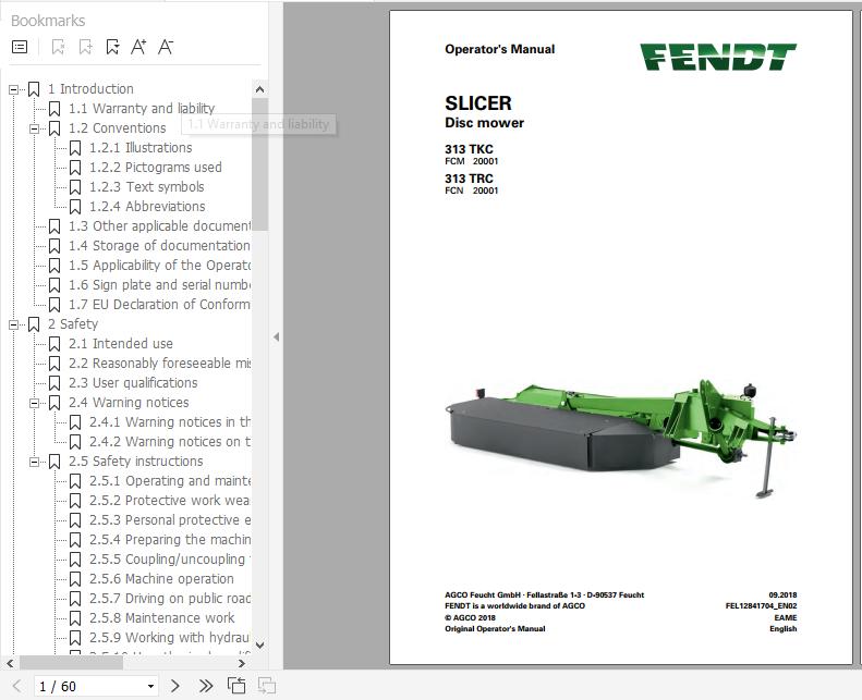 FENDT Slicer 313 TKC TRC Disc mower FR EN DE ES Operators Manual 1