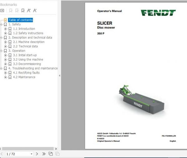 FENDT Slicer 350 P Disc mower FR EN DE ES Operators Manual 1
