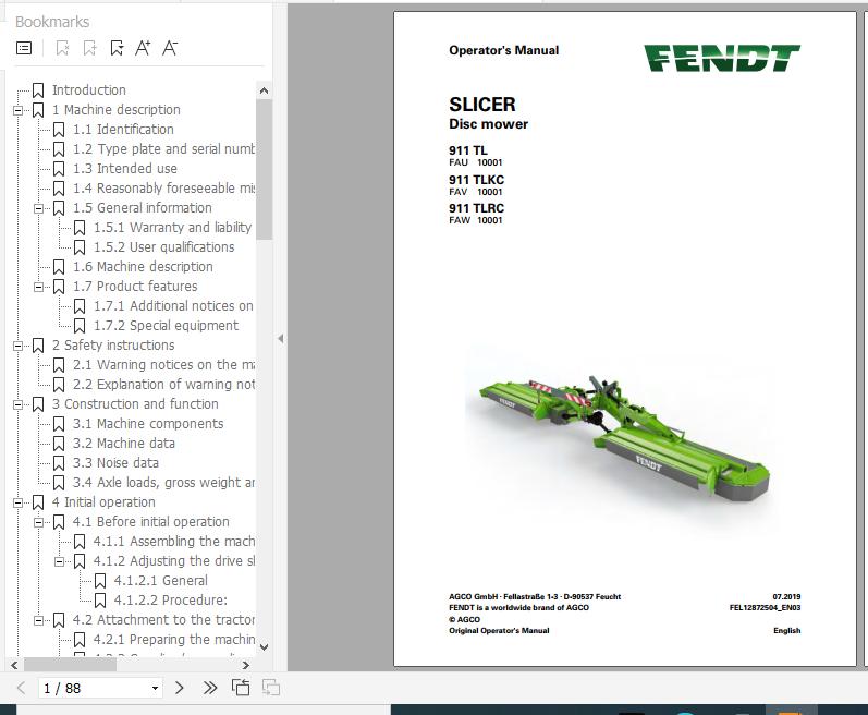 FENDT Slicer 911 TL TLKC TLRC Disc mower FR EN DE ES Operators Manual 1