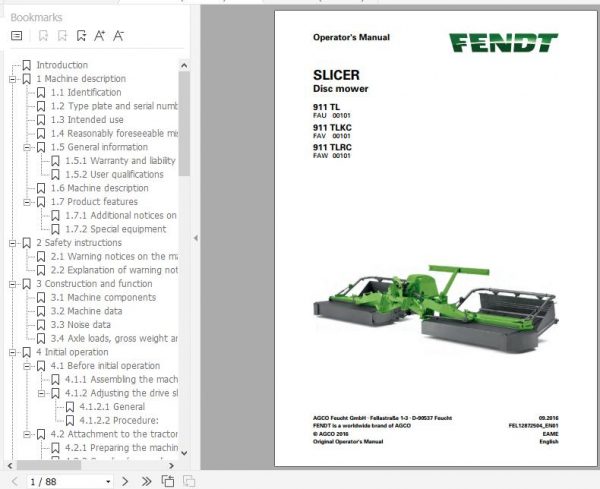 FENDT Slicer 911 TL TLKC TLRC Disc mower FR EN DE ES Operators Manual 2