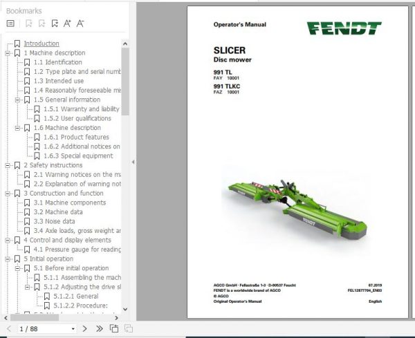 FENDT Slicer 991 TL TLKC Disc mower FR EN DE ES Operators Manual 1