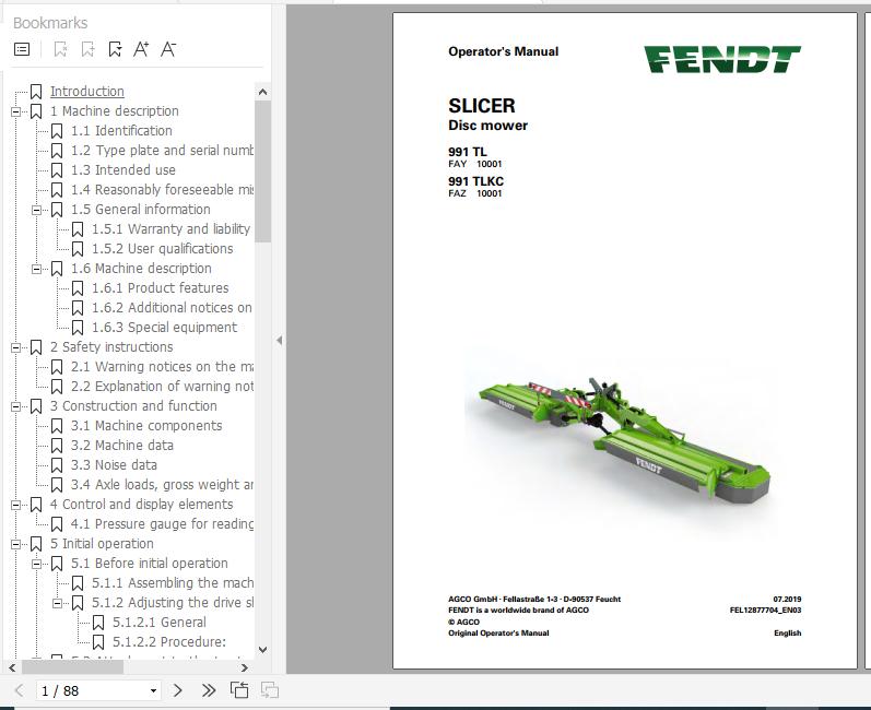 FENDT Slicer 991 TL TLKC Disc mower FR EN DE ES Operators Manual 1
