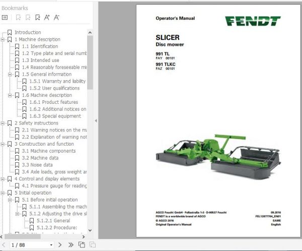 FENDT Slicer 991 TL TLKC Disc mower FR EN DE ES Operators Manual 2