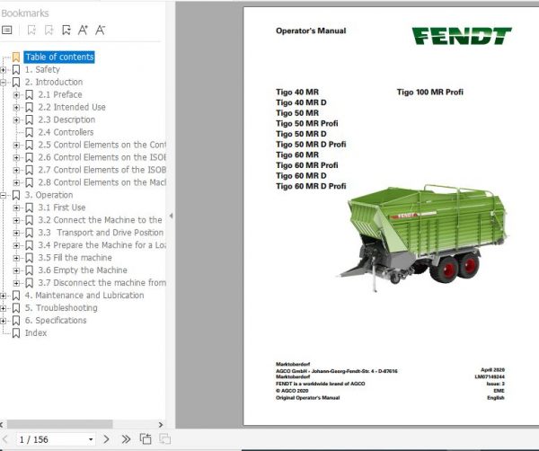 FENDT Tigo 100 MR Profi FR EN DE ES Operators Manual 2