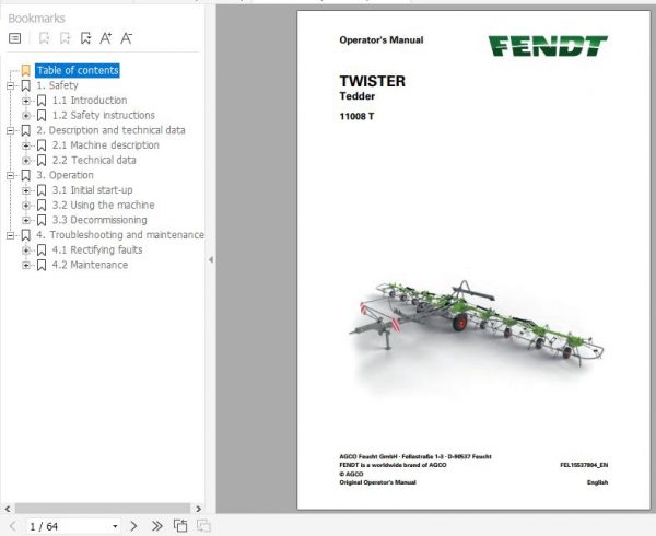 FENDT Twister 11008 T Tedder FR EN DE ES Operators Manual 1