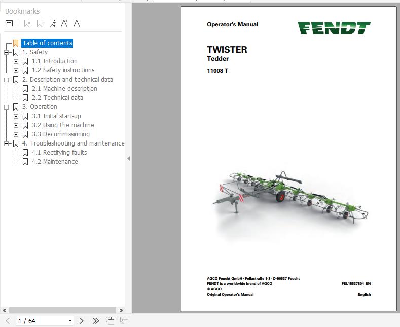 FENDT Twister 11008 T Tedder FR EN DE ES Operators Manual 1