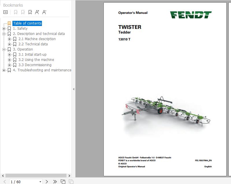 FENDT Twister 13010 T Tedder FR EN DE ES Operators Manual 1