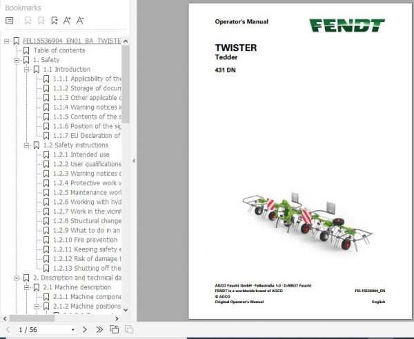 FENDT Twister 431 DN Tedder FR EN DE ES Operators Manual 1