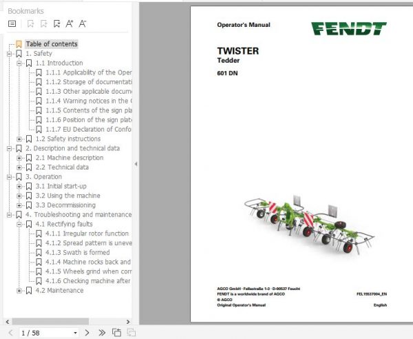 FENDT Twister 601 DN Tedder FR EN DE ES Operators Manual 1