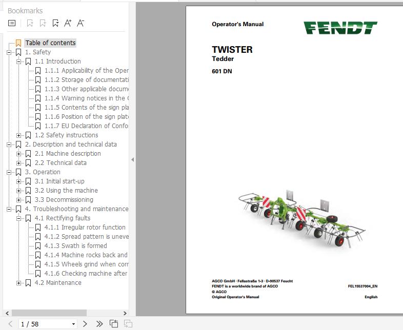 FENDT Twister 601 DN Tedder FR EN DE ES Operators Manual 1