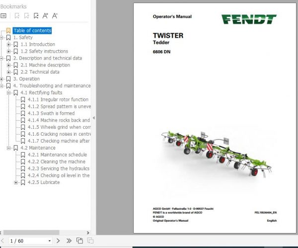 FENDT Twister 6606 DN Tedder FR EN DE ES Operators Manual 1