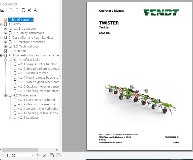 FENDT Twister 6606 DN Tedder FR EN DE ES Operators Manual 1