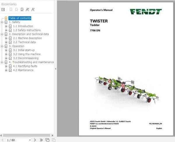 FENDT Twister 7706 DN Tedder FR EN DE ES Operators Manual 1