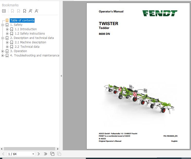 FENDT Twister 8608 DN Tedder FR EN DE ES Operators Manual 1