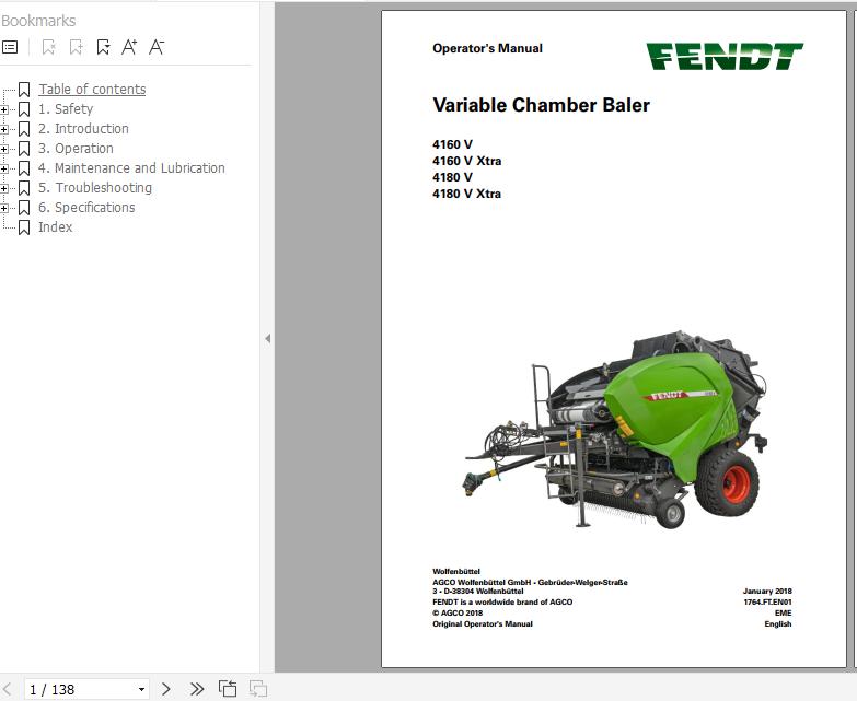 FENDT Variable Chamber Baler 4160 V Xtra 4180 V Xtra FR EN DE ES Operators Manual 1