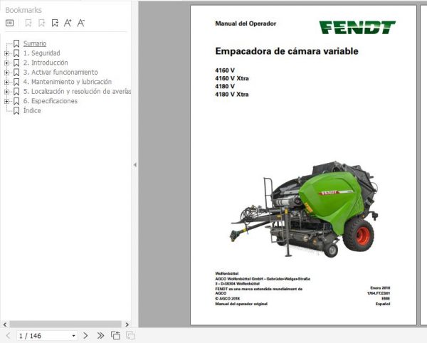 FENDT Variable Chamber Baler 4160 V Xtra 4180 V Xtra FR EN DE ES Operators Manual 2