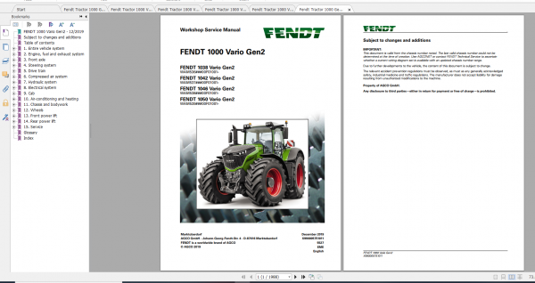 Fendt Tractor 1000 Vario Gen2 VIN 536 539 Diagram Operation Manual Workshop Manual EN 1