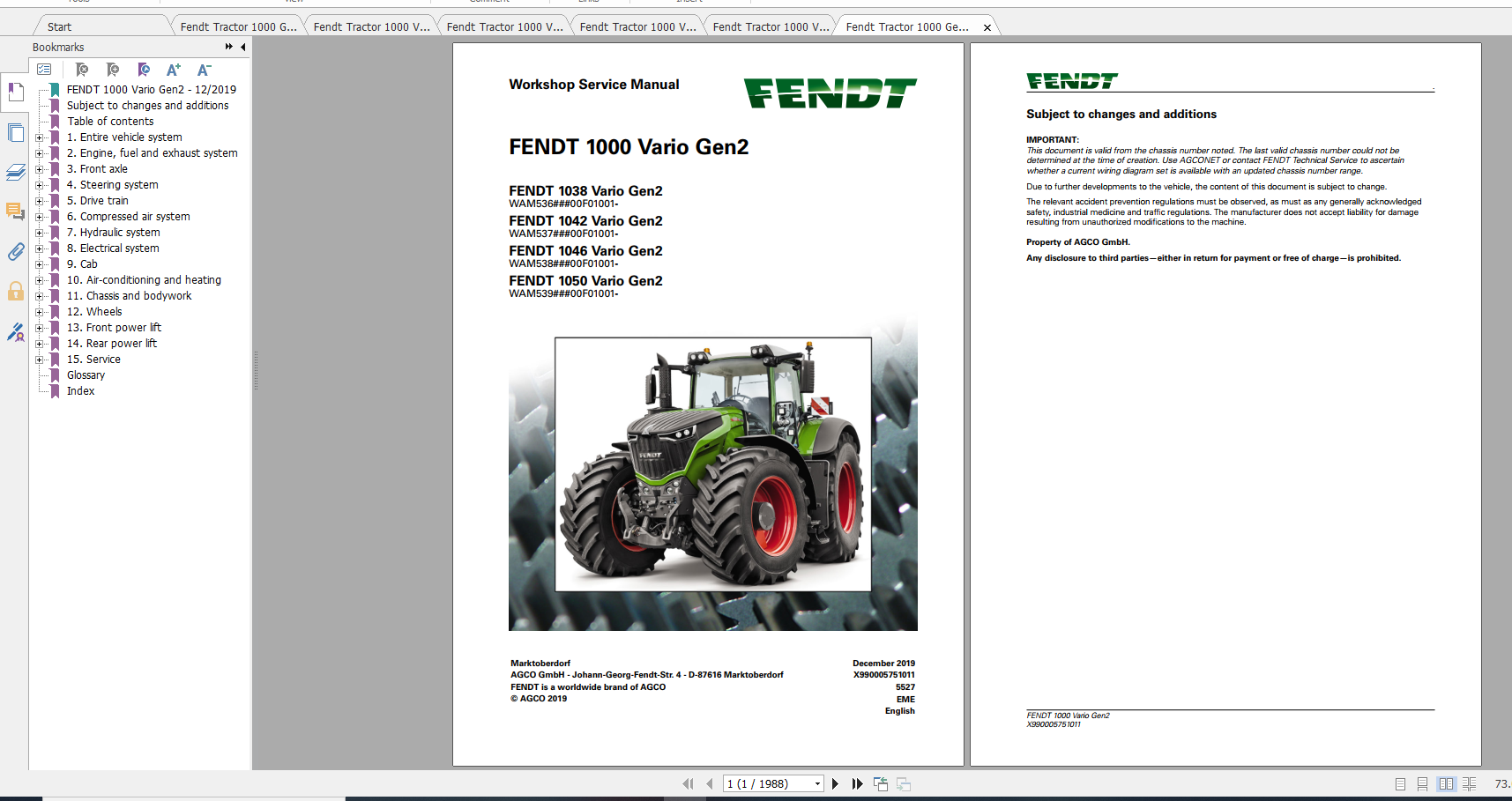 Fendt Tractor 1000 Vario Gen2 VIN 536 539 Diagram Operation Manual Workshop Manual EN 1