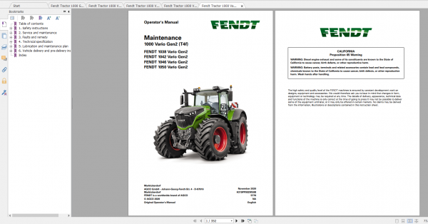 Fendt Tractor 1000 Vario Gen2 VIN 536 539 Diagram Operation Manual Workshop Manual EN 2