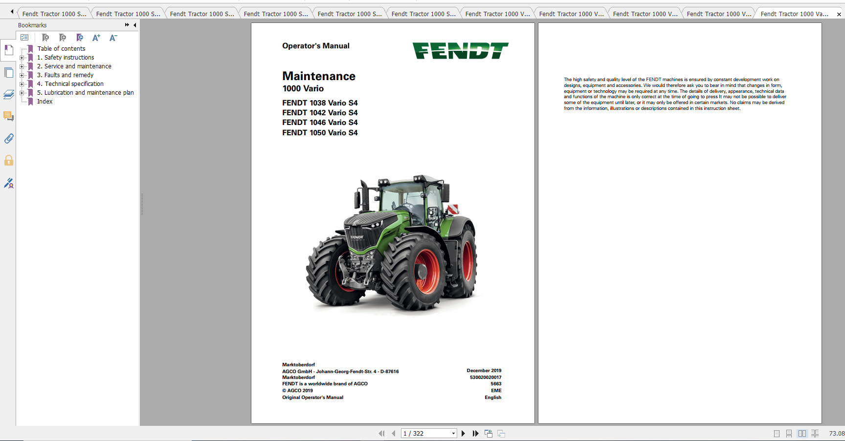 Fendt Tractor 1000 Vario S4 VIN 527 530 Diagram Operation Manual Workshop Manual EN 2